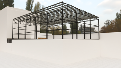 Vista 3D de la estructura metálica del almacén.